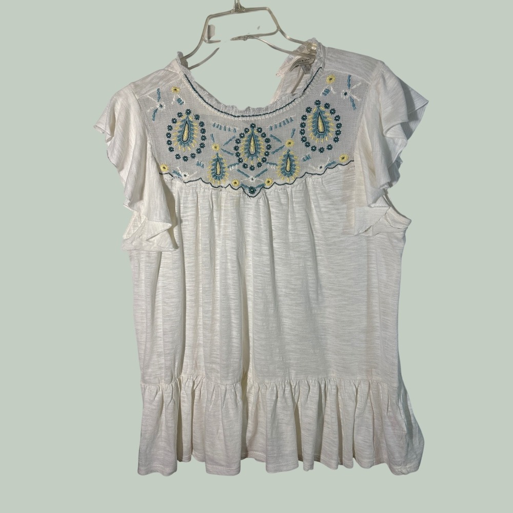 Lucky Brand Women Cream Embroidered Mesh Yoke Peasant Top Ruffle Hem Medium